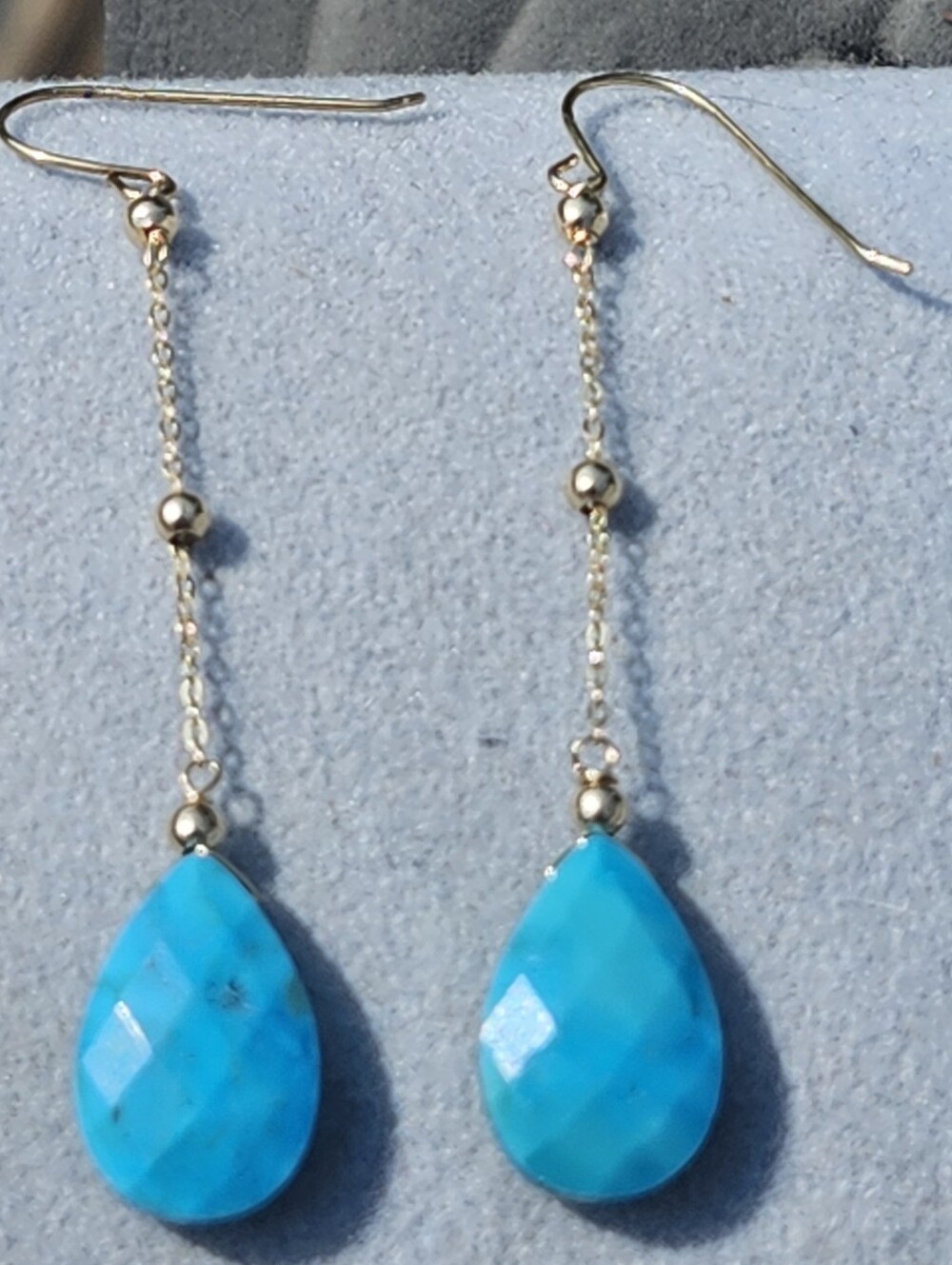 14K Yellow Gold Turquoise Teardrop Dangle Earrings French Wire Hook Fine Jewelry